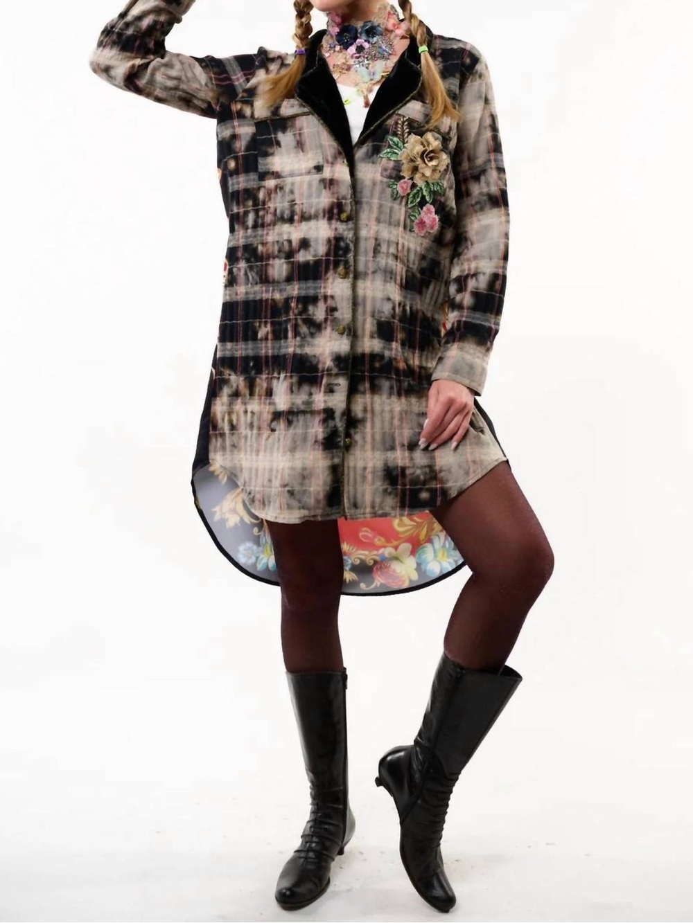 Long Sleeve Multicolor Floral & Leopard Print Dress